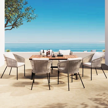 7 Pieces Patio Dining Set, All-Weather Outdoor Furniture Set with Dining Table and Chairs, Acacia Wood Tabletop, Metal Frame, fo 2