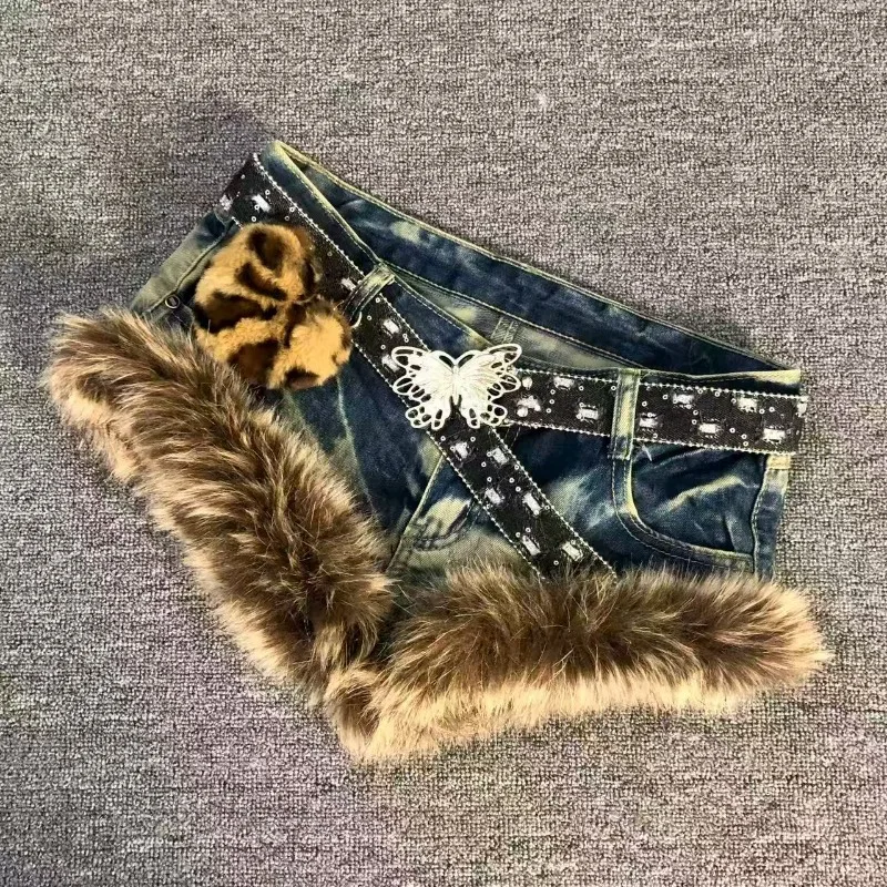 New American Y2k Retro Brown Hair Spliced shorts Trendy Old Hot Girl Low Waist Jeans Vintage Hip-hop Street Clothing Women 6