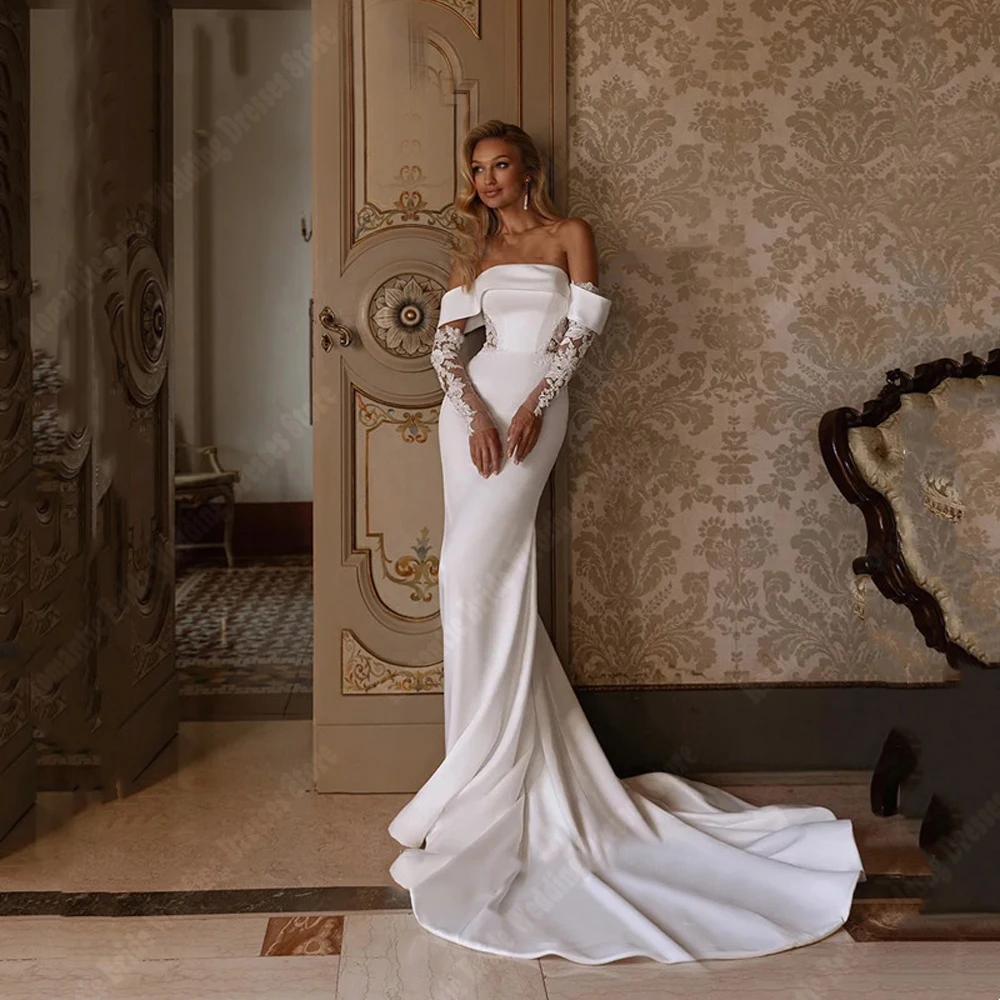 Elegant Mermaid Women Wedding Dresses Quality Off Shoulder Bridal Gowns Mopping Length Princess Party Shining Gowns Customized 4
