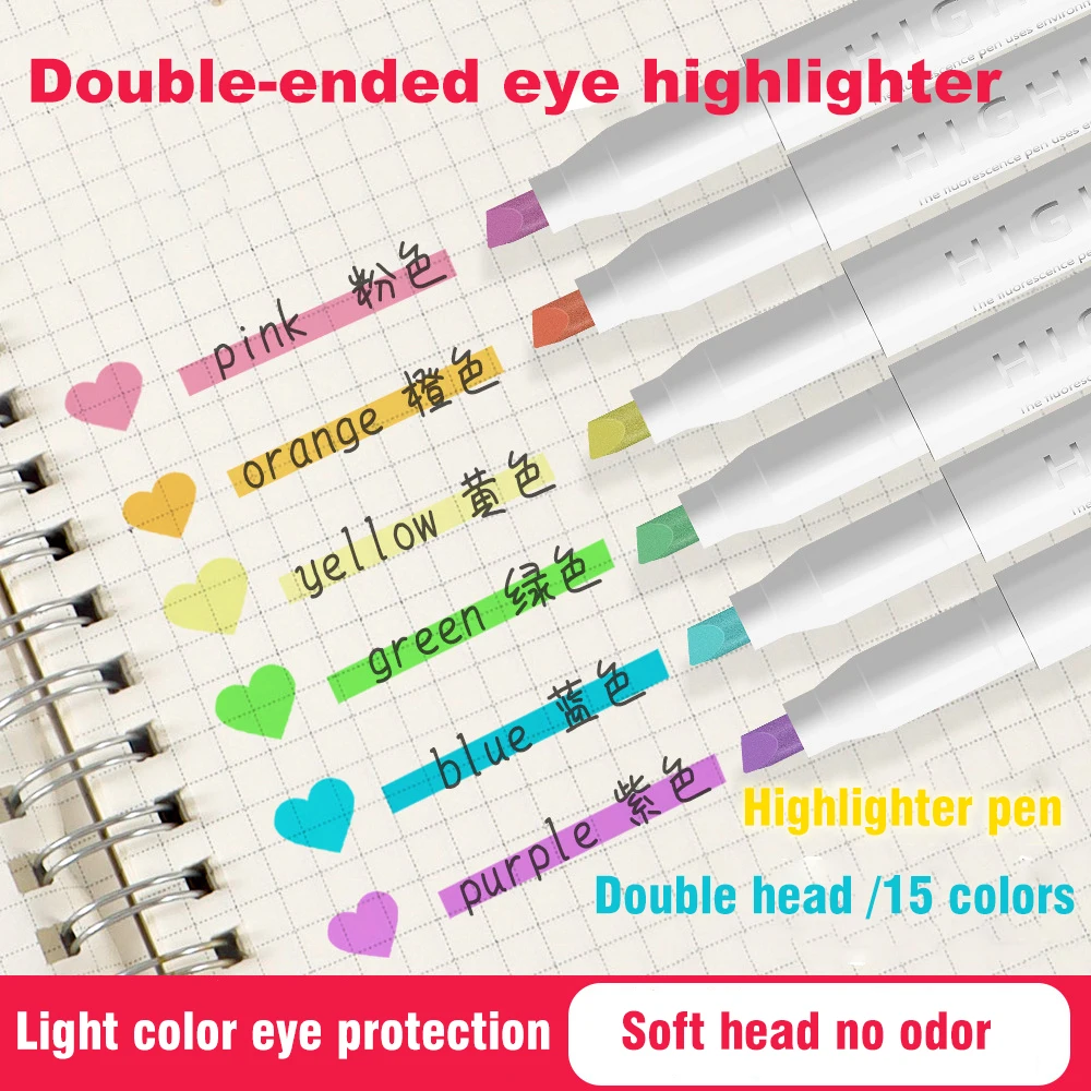 Highlighter Marker 15 Colors Double Headed Highlighter Fluo Marker Set Art Drawing Pens Pastel Stationery Double Tips for Highlighting Coloring highlighter pen marker pen highlighter marker
