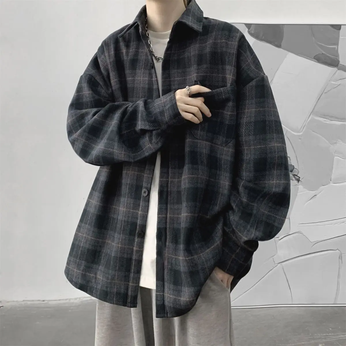 2023 Thick Plaid Shirt Men's Autumn and Winter Vintage Loose Long Sleeve Shirt High-end Feeling and Handsome Casual Coat