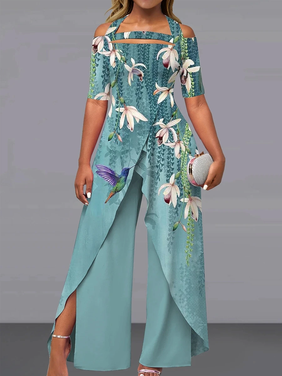 Women's Sexy Off Shoulder Jumpsuits Fashion Print Floral Rompers Elegant Short Sleeve Wide Leg Jumpsuit 2023 Custom Summer