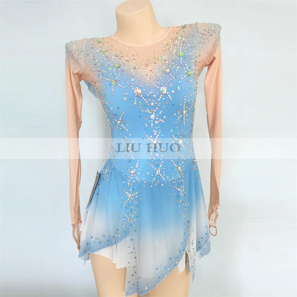 

LIUHUO Women Aldult Girl Customize Costume Performance Competition Leotard Ice Figure Skating Dress Dance Teen Blue Gradient Kid