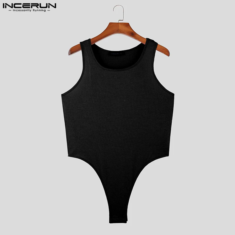 Men Bodysuits Solid Color O-neck Sleeveless Knitted Rompers Male Tank Tops Summer Bodysuit For Men Bodysuits Men Lingerie