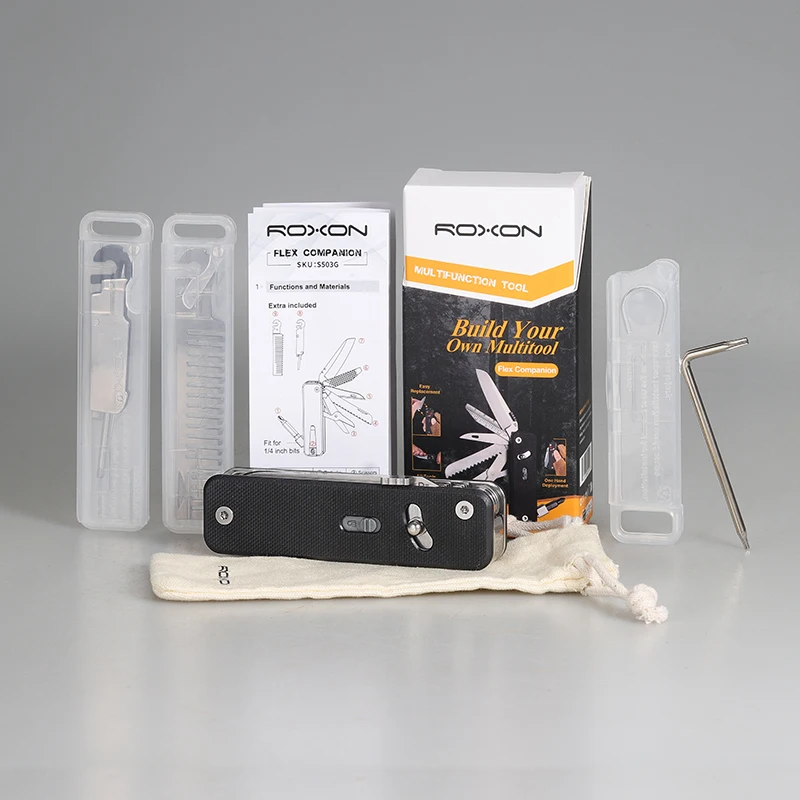 ROXON S503G Flex Companion Tool Modular Design and Customizable Pocket Tool, Preinstalled with 8 Essential Tools (1/4" Bit Drive 6