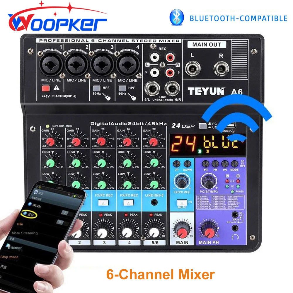 Professional 6 Channel Audio Mixer A6 Sound Mixing Console USB Input 48V Power for DJ Recording Studio