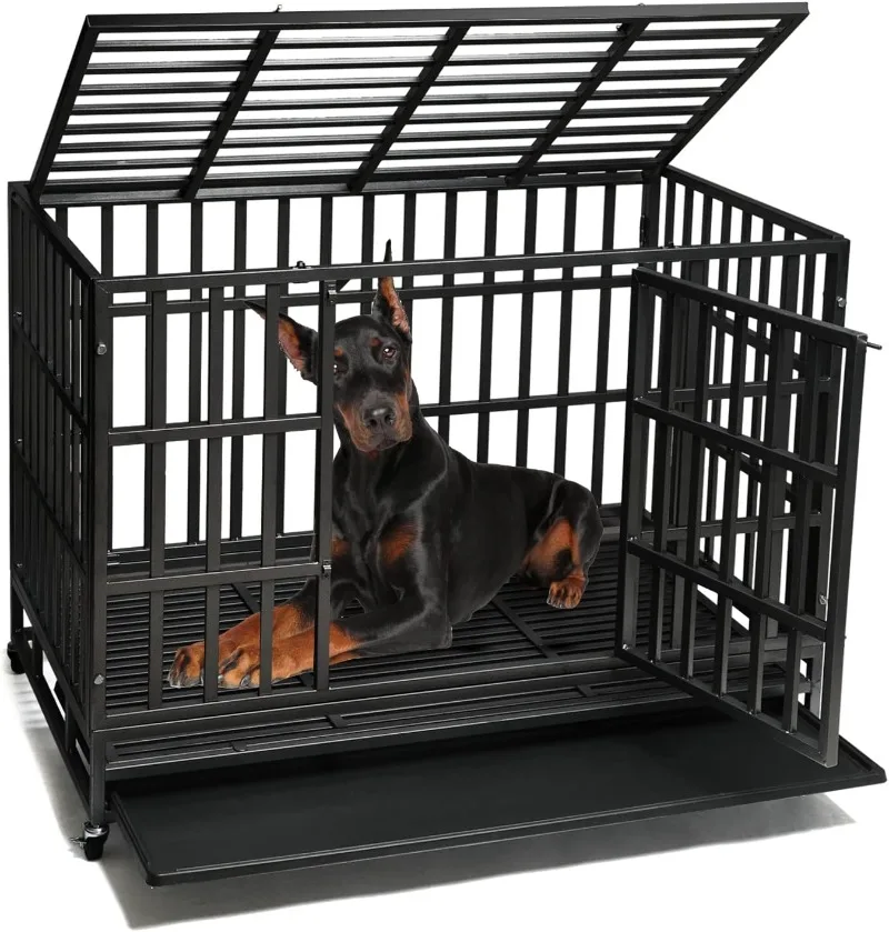 Enhanced Heavy Duty Dog Kennel Crate Cage with Strong Metal Frame Double Doors and Lockable Wheels for Extra Large Dog Breeds