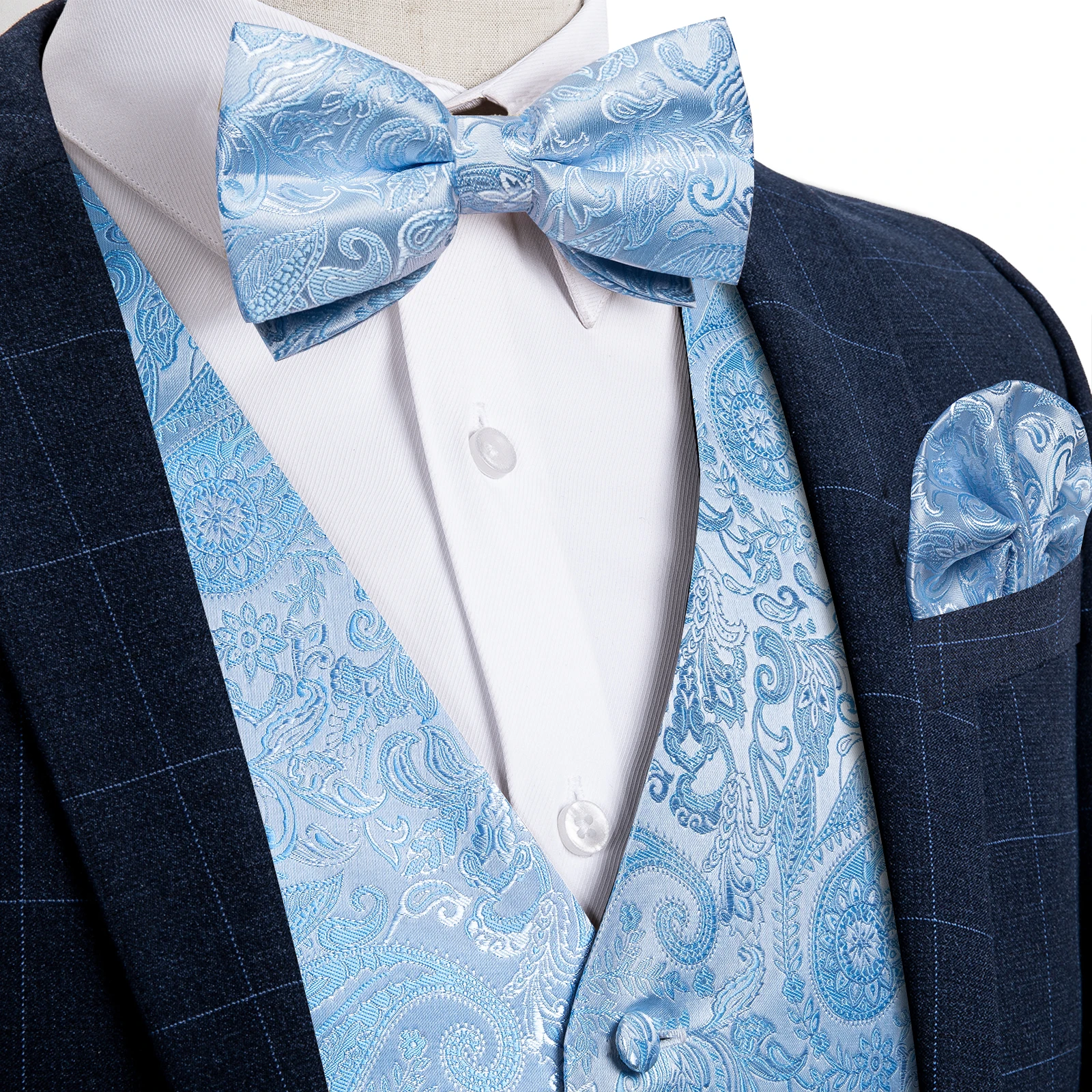Suit Vest With Bow Tie Pocket Square Cufflinks Light Blue Black Red Paisley Luxury Wedding Prom Tuxedo Waistcoat for Men 2