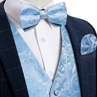 Suit Vest With Bow Tie Pocket Square Cufflinks Light Blue Black Red Paisley Luxury Wedding Prom Tuxedo Waistcoat for Men 2