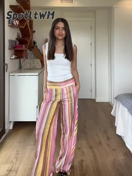 Women‘s Colorful Striped Pant New Summer Straight Multicolor Wide Leg Long Pants Casual Fashion Streetwear Female Outfit 2026