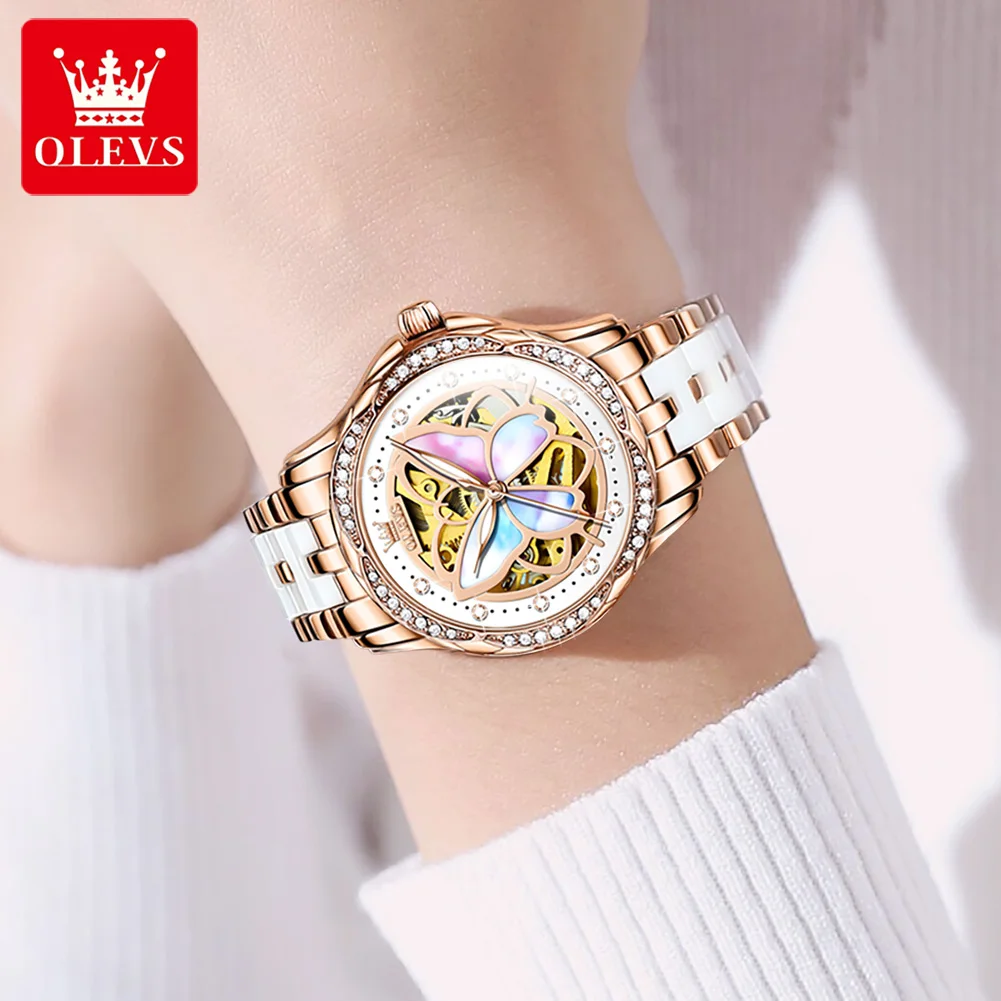 OLEVS Brand Luxury Women Mechanical Watch Ladies Fashion Waterproof Luminous Hands Ceramics Automatic Wristwatches Reloj Mujer
