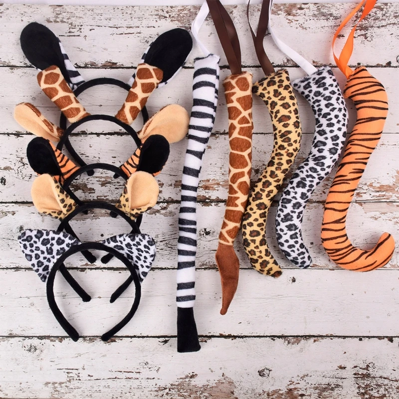 Animal Costume Set Leopard Giraffe Ear Headband Tail Halloween Cosplay Supplies