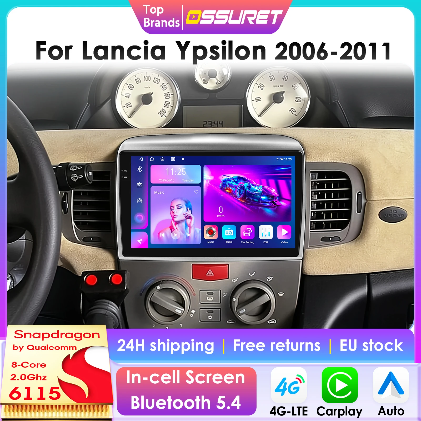 Kabelloses CarPlay Android Auto Autoradio für Lancia Ypsilon 2006 - 2011 GPS Intelligente Systeme Stereo Multimedia Autoradio 6115
