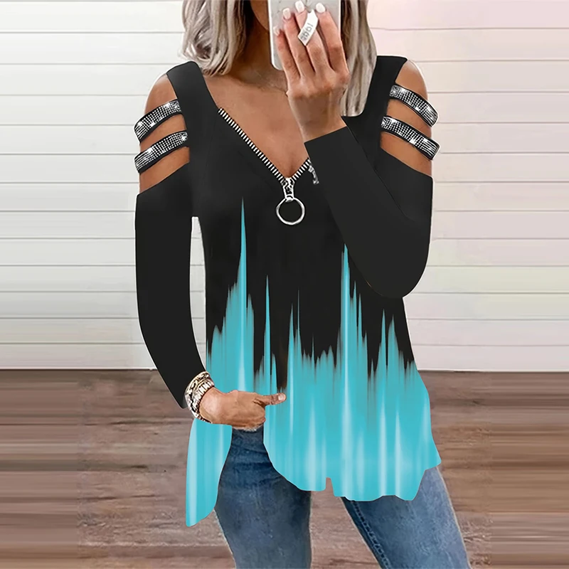 Farbverlauf Zipper V-ausschnitt T-shirt Casual Lose Off Schulter Langarm Mode T-Shirts Tops frauen Kleidung – Detail 4