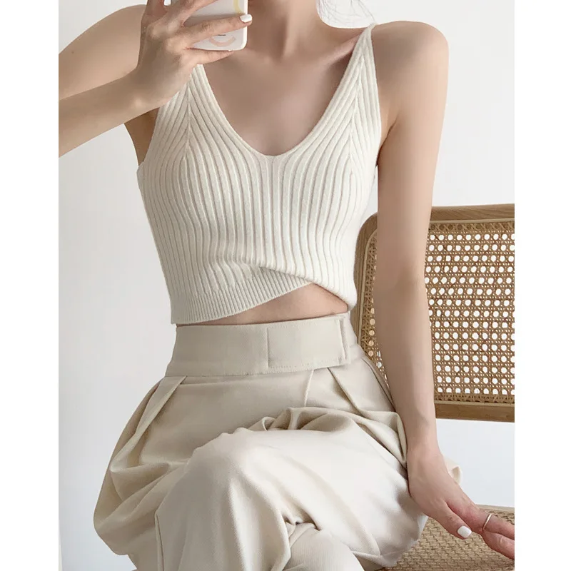 

Fashion V Neck Sleeveless Summer Knit Tank Top White Women Black Casual Basic T Shirt Off Shoulder Camis Sexy Backless Crop Tops