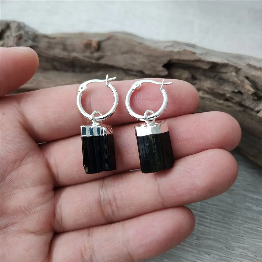 FUWO 1Pairs Natural Green&Black Tourmaline Hoop Earrings,Silver Color Plated Semi-precious stone jewelry ER410Y 2