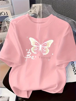 Women's Fashion Printed T-Shirt Pink Butterfly Pattern Soft Comfortable Printed Short Sleeve T-Shirt for Casual Fashionable Tops 1