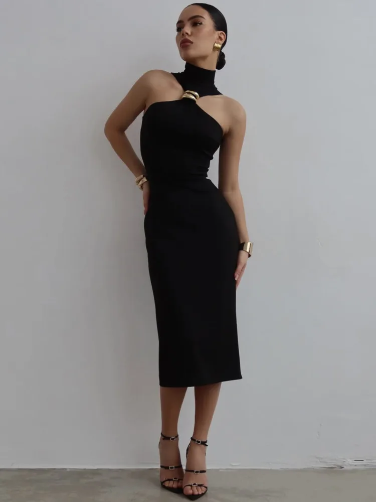 Mozision Turtleneck Off-shoulder Sexy Maxi Dress Women Gown Summer New Ring Metal Sleeveless Backless Skinny Knit Long Dress