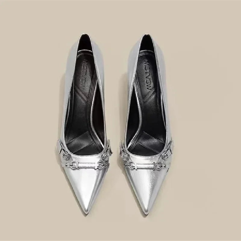 Spring Women's Shoes Silver High Heels Sexy French Style Pointed Shoes Metal Decoration Paired with Skirts Elegant Banquet 2025 2