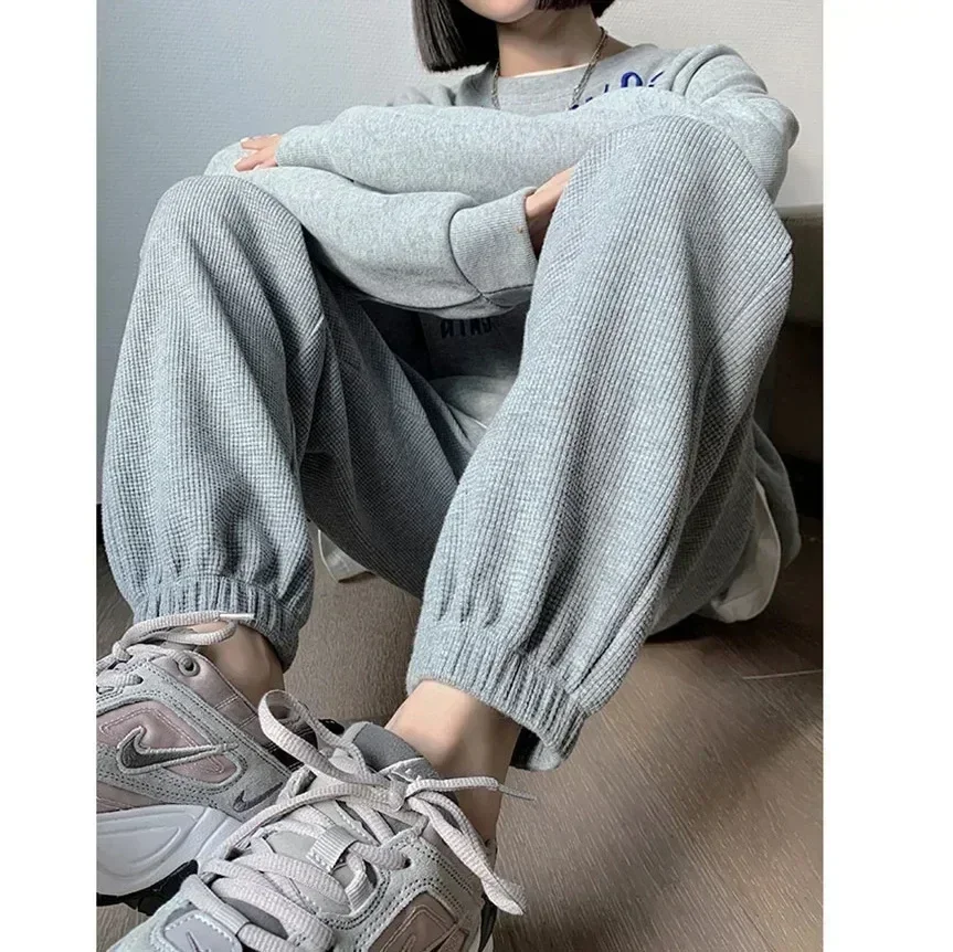 2024 Spring/Summer Waffle Loose Lantern High Waist Women's Tie Feet Guard Pants Casual Large Size Pants Drawstring Sports Pants 3