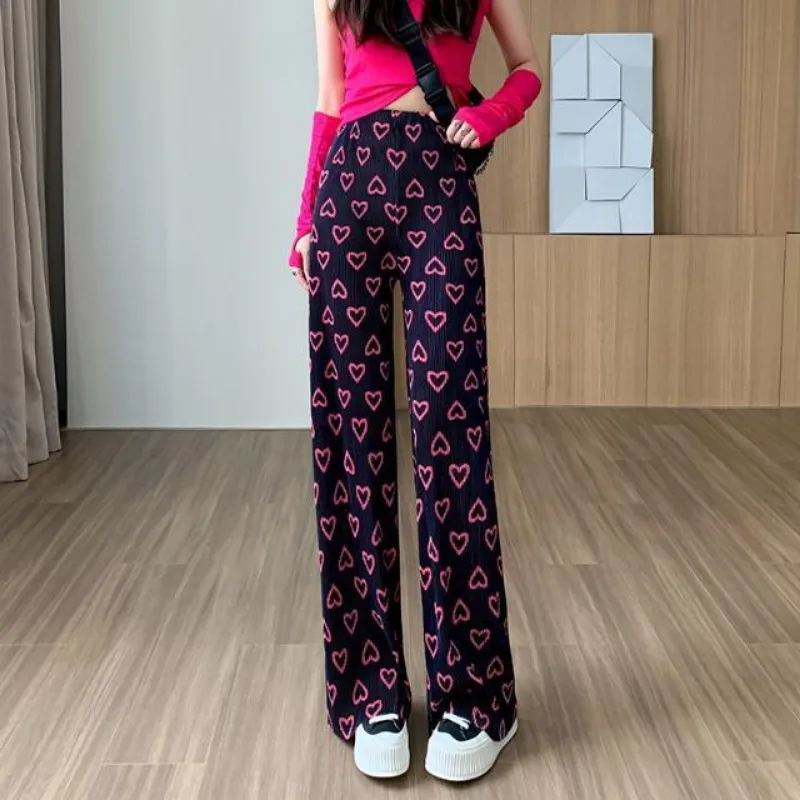 Trousers Green Love Printing Leisure Woman New High Waisted Fold Straight Cylinder Sagging Sensation Wide Legs Mopping The Floor