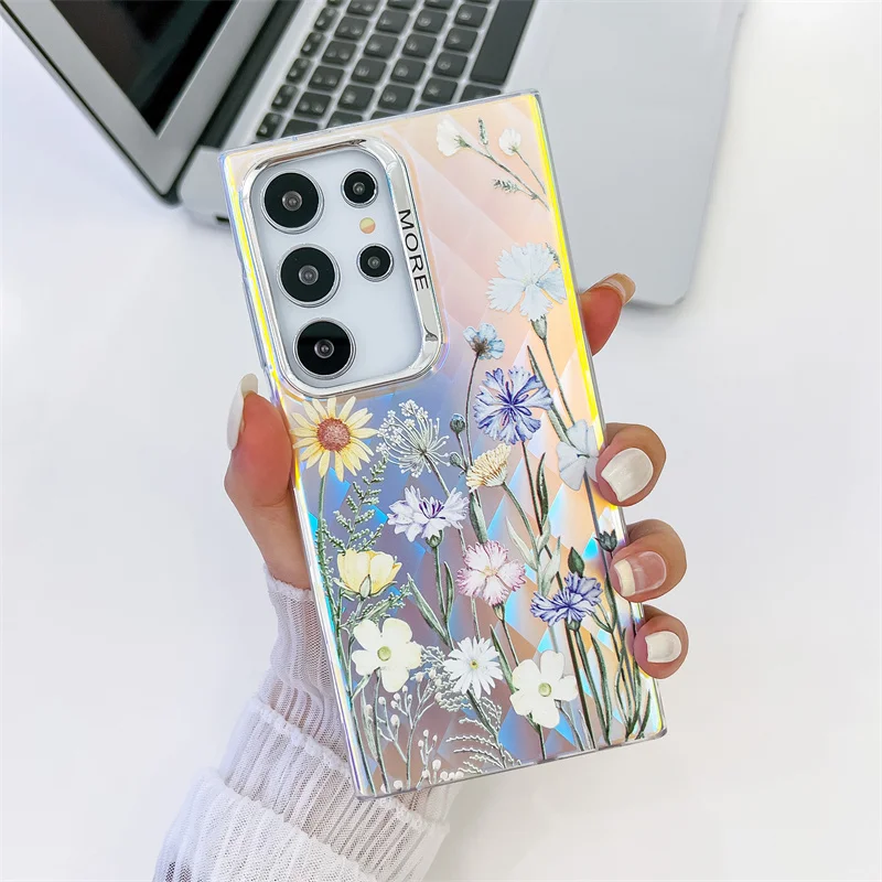 Coque de téléphone à motif de fleur laser pour Samsung Galaxy S25 S23 FE S24 Plus S22 Ultra A14 A15 A55 A54 A25 A35 A34 Coque arrière rigide en PC mat_voghion.com