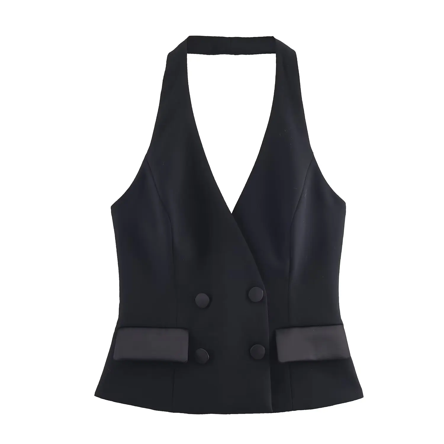 Women Fashion V-Neck Blazer Vests Female Vintage Solid Front Button Sleeveless Waistcoat Summer Sexy Backless Lady Chic Vest Top