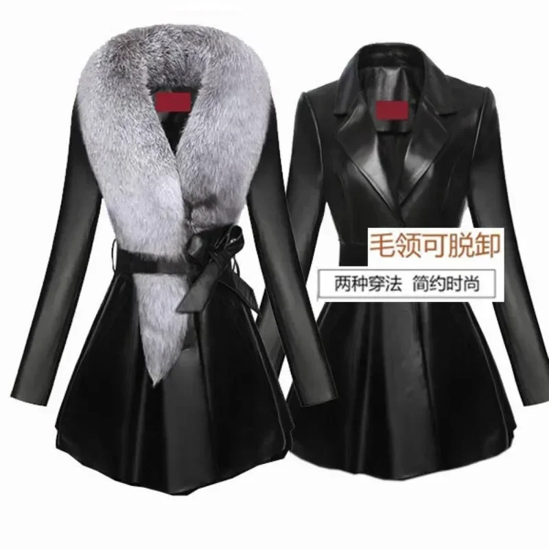 Leather Jacket Winter Coat Women Fox Fur Collar Sherpa Shearling Jacket Women Long Sheepskin Coat  Velvet Women Oversized
