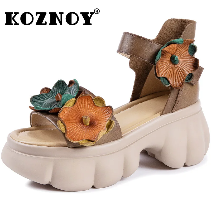 

Koznoy 7.5cm Genuine Leather Fashion Ladies Appliques Sandals Hot Sale Fashion Hook Summer Women Wedge Slipper Platform Shoes