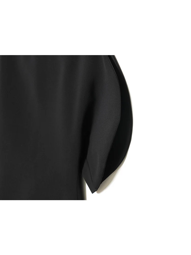 Women Casual Short Puff Sleeve Top Black O-neck Asymmetry Hem High Street Shirts Spring Summer New Fashion Split Top Lady