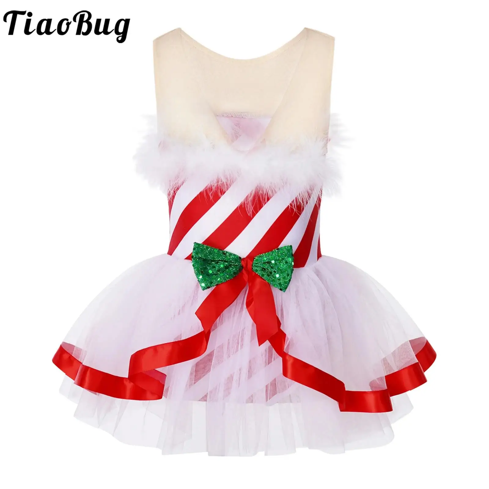 

Kids Girls Elf Christmas Costume Santa Claus Dress Sleeveless Stripe Ballet Dance Tutu Leotard Skating Performance Dancewear