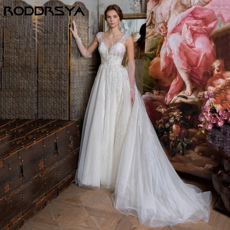 

RODDRSYA Vintage Sleeveless Wedding Dress Illusion Button Back A-line vestido noiva casamento civil Elegant Tulle Bridal Party