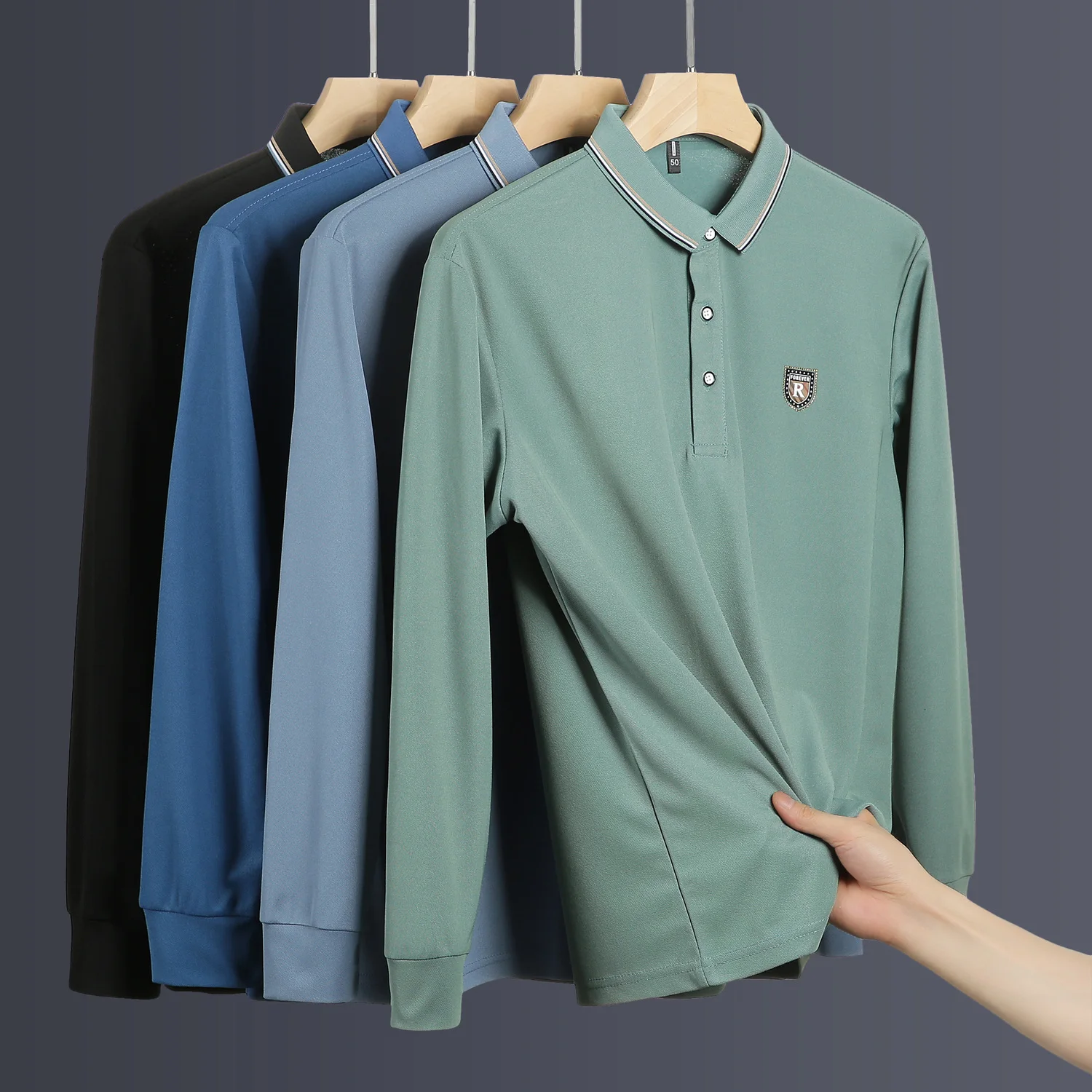 

Autumn New Korean Business Casual Polo Shirt Middle Aged Men's Solid Embroidered Button Loose Long Sleeved Versatile Cotton Top