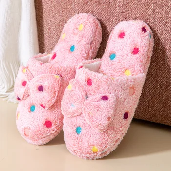 Women's Warm Home Slippers Cute Autumn Winter Bow Warmth Thick Plush Non-Slip Leisure Shoes Soft Bedroom Floor Flat Slides 1
