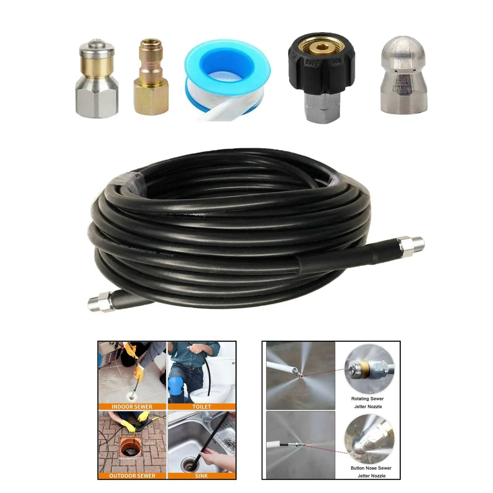 Drain Cleaner Hose Jetter Set 30M for Pressure Washer and Adapter Pipe &amp Tube Cleaning Kit High |