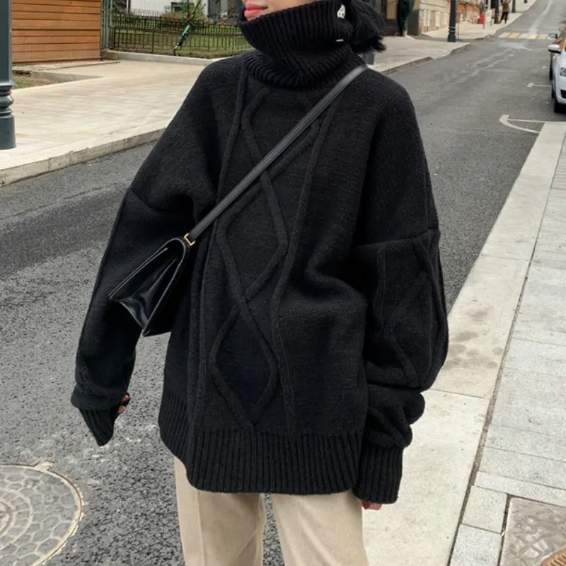 

2023 Winter New Style All-match Twist Stitch Turtleneck Sweater Women Large Pullover Oversized Long Sweater Sweater Fashion