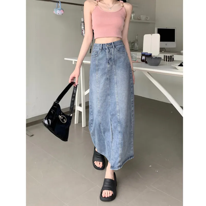 

Long Denim Skirt Women Split Summer Autumn Korea Style Streetwear High Waist Versatile A-line Small Figure Buttocks Up Skirt