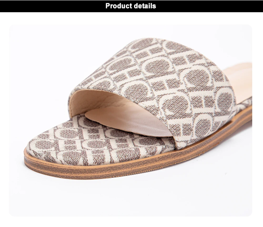Classic Simple Design Chic Beige Pattern Flat Slides Women Summer Slip On Sandals Anti slip Sole OUT1085