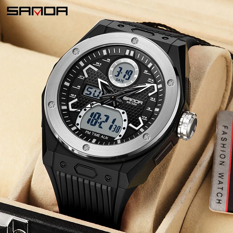 

Sanda 3138 Led Analog Digital Display Alarm Mode Wrist Clock For Men Trendy Fashion Waterproof Outdoor Sports Stop Watch
