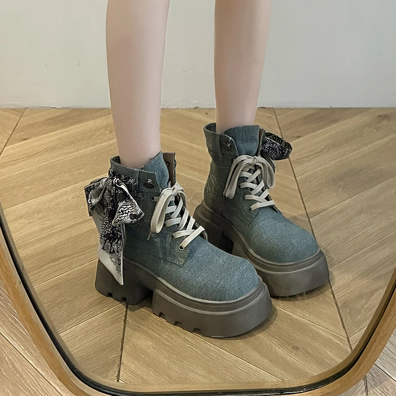 

Chunky Women Motorcycle Short Boots Fashion Lace Up Ankle Booties Retro Style Autumn Winter Female Increase Shoes