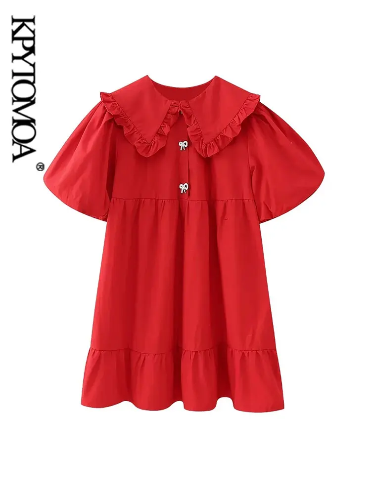 

KPYTOMOA-женское мини-платье из поплина с оборками, воротник Питер Пэн, пышные рукава, женские платья, милая Мода