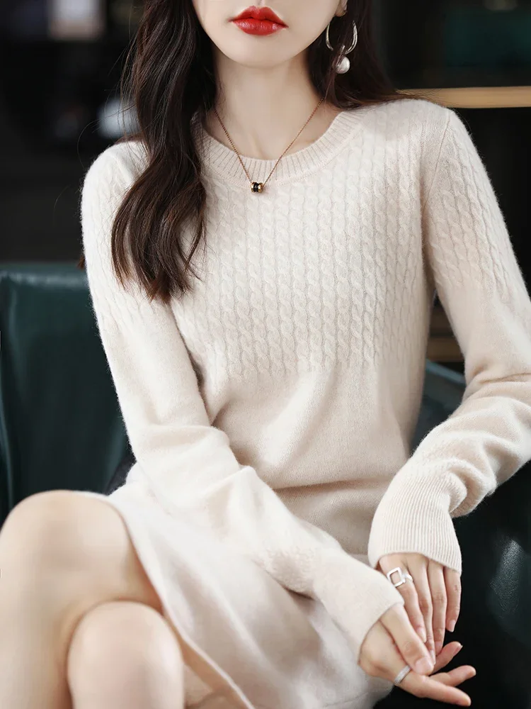 

LHZSYY 100% Merino Wool Hot Sale Cashmere Knitted Dress for Women Winter/ Autumn O-Neck Female Dresses Long Style Jumpers