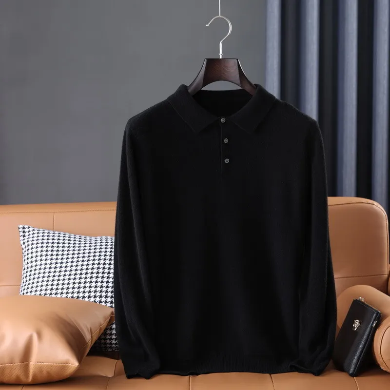 100% merino wool men's lapel pullover long sleeve POLO neck sweater loose top business casual knit bottoming shirt 2