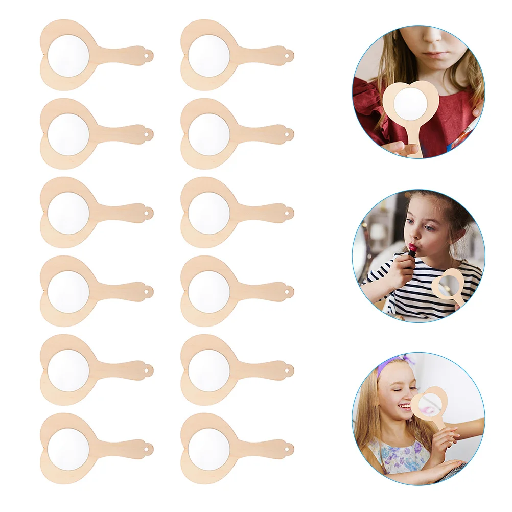 12pcs 하트 모양의 나무 거울 DIY 빈 휴대용 어린이 그림 공예 액세서리 미완성 미니 화장대 거울 장난감