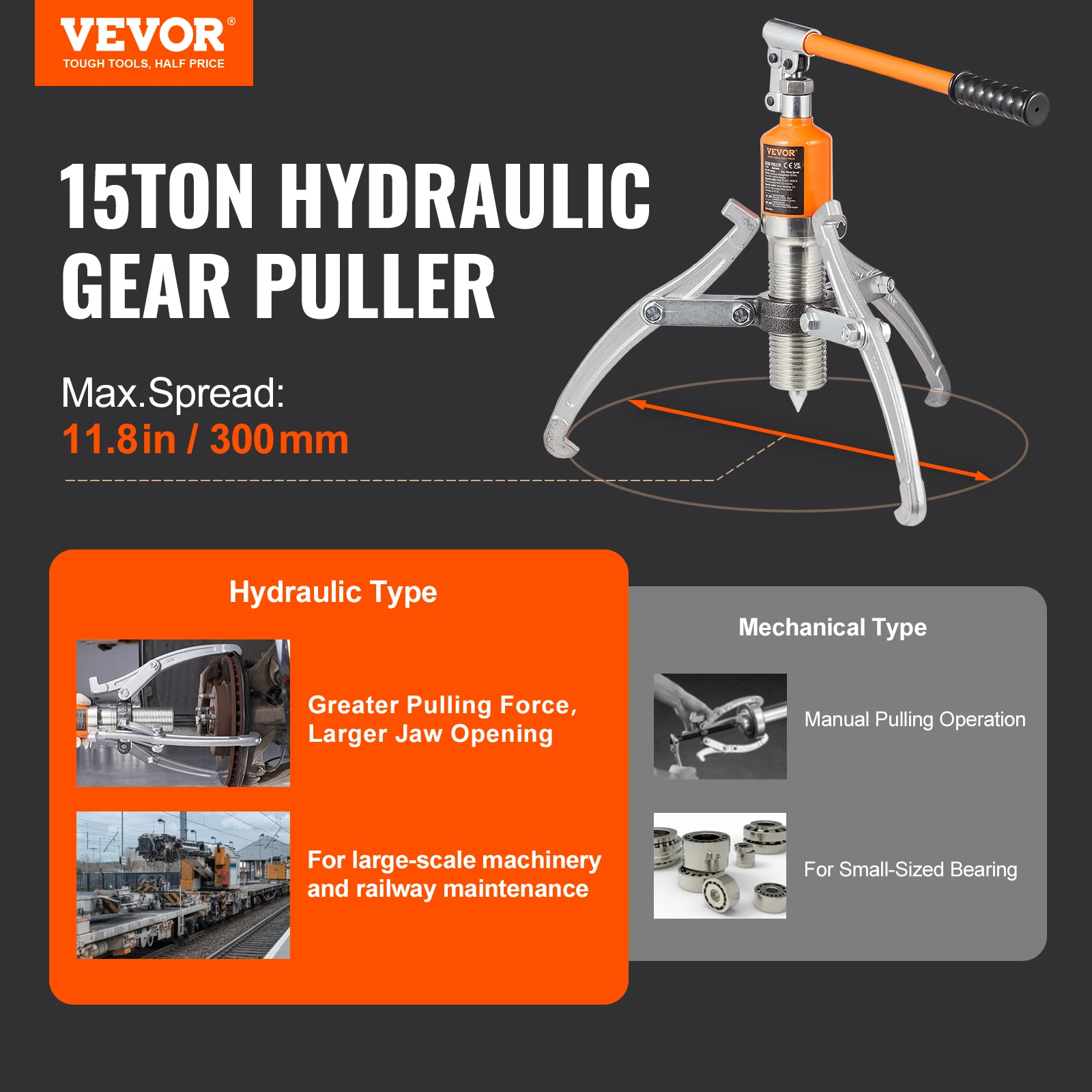 VEVOR Hydraulic Gear Puller, 5/15 Ton Bearing Pulling Separator,2 or 3 Jaws Puller,Vertically & Horizontally for Pulling Hubs 2