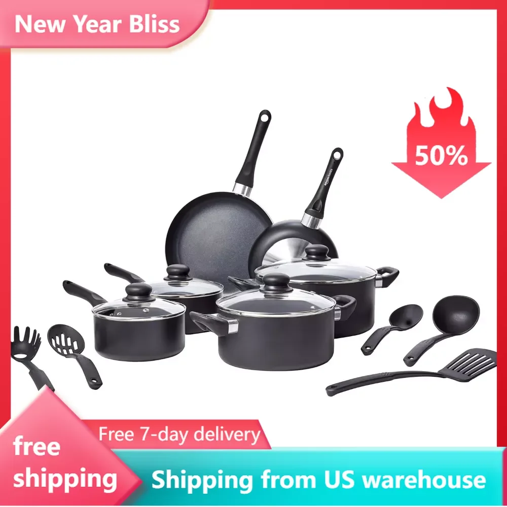 

Pans and Utensils Pots for Kitchen Cookware Set of Kitchen Pots Basics Non-Stick Cookware 15-Piece Set Black Accessories Cooking