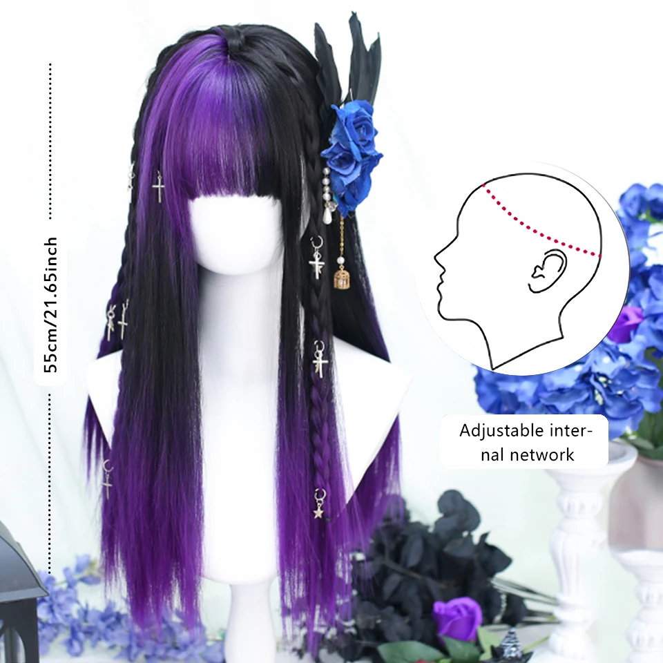 Synthetic Long Straight Blonde Brown Wig with Black Purple Bangs for Cosplay Party