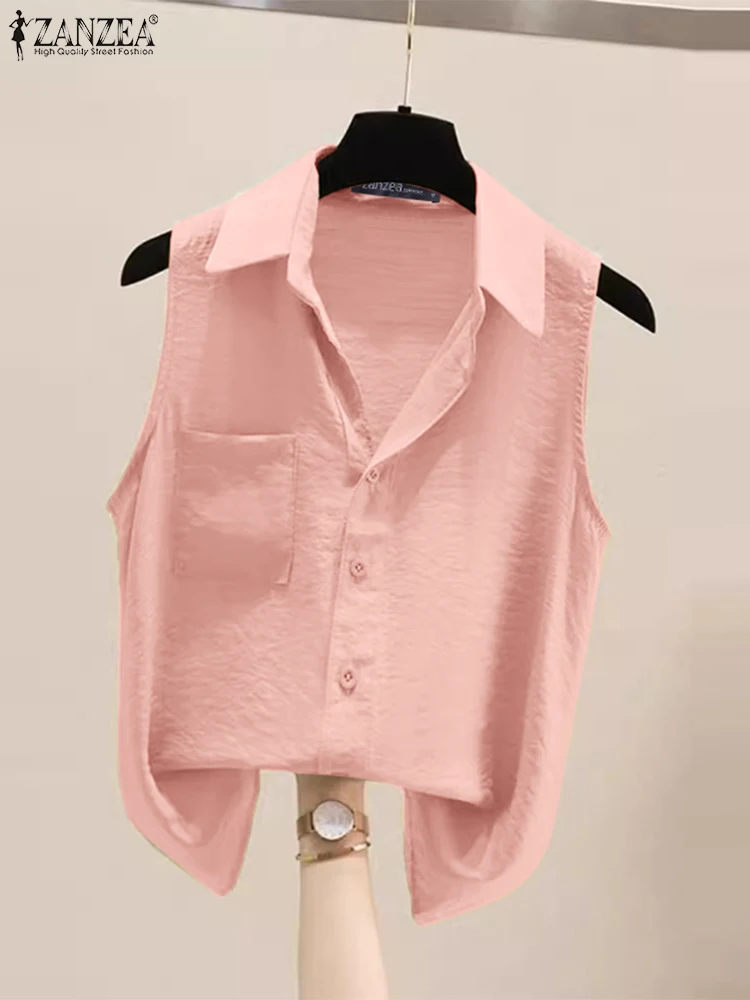 

Корейская офисная рубашка ZANZEA без рукавов на пуговицах, женские летние топы с воротником с лацканами, модная Однотонная футболка 2024, элегантные рабочие туники