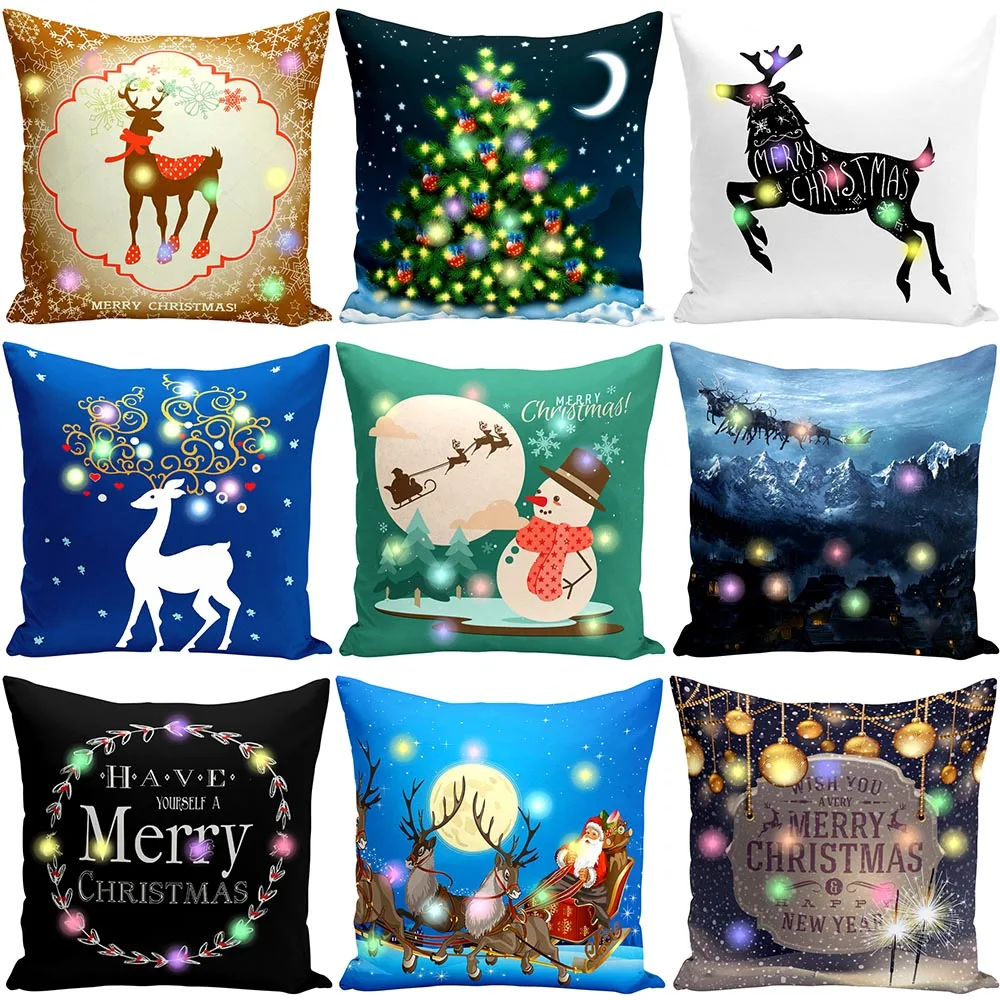 

2024 Christmas Glow LED Light Pillowcase Polyester Lantern Pillow Creative Printed Home Decor