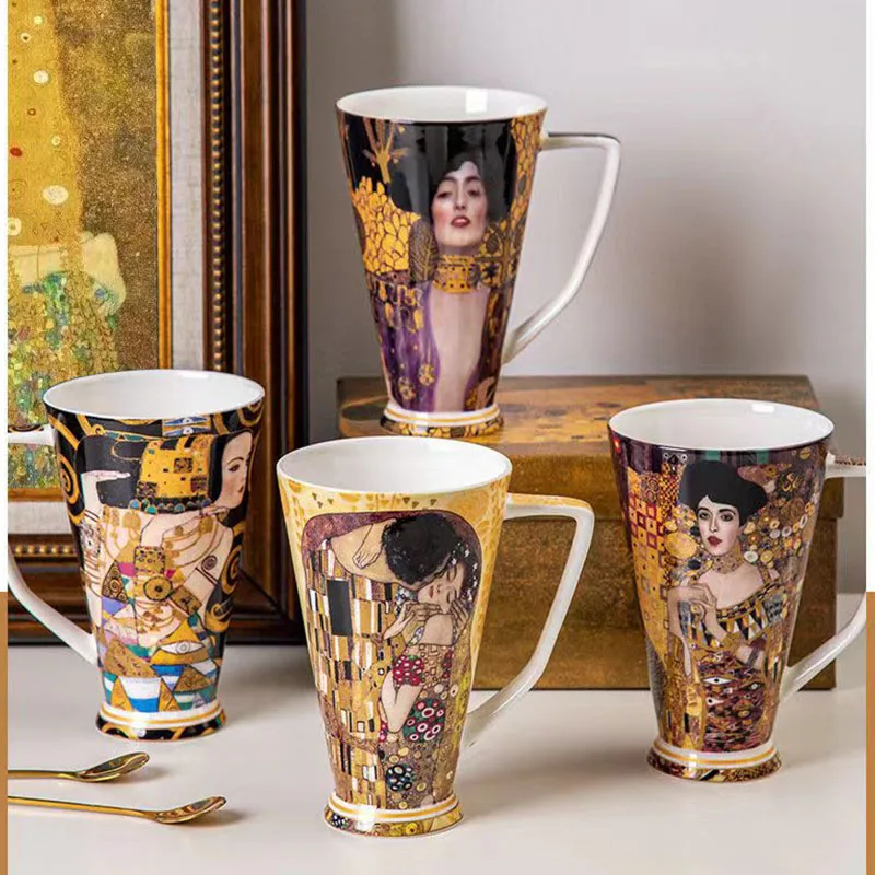 Bone China Coffee Mug Gustav Klimt Tea Cups with Lid and Spoon